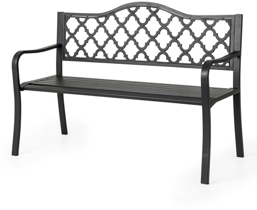 Giantex Gartenbank Metall, Sitzbank Outdoor für 2 Personen, Balkonbank mit Rückenlehne & Armlehnen, Vintage Parkbank, Bank Outdoor bis 300 kg belastbar, Metallbank Ruhebank 128 x 54 x 89 cm, Schwarz