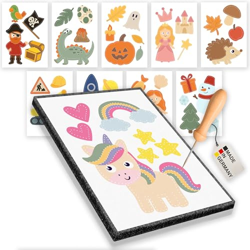 Prickelnadel Set Kinder mit 10 Vorlagen - Prickelset für Kinder - 1x Prickelnadel mit Holzgriff & 1x Prickelfilz (20cm x 15cm x 1cm) – Ergonomisch & sicher – Ideal zum Prickeln – Made in Germany