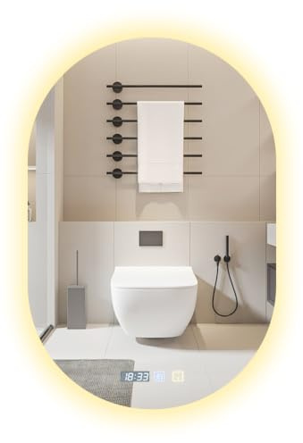 Yelyee Doppelgewölbter Badspiegel mit Beleuchtung 50x70 cm, Dimmbar LED Spiegel mit Beleuchtung, DREI Farbtemperaturen, Touch-Schalter, Anti-Beschlag-Funktion, Timer-Einstellung, Memory-Funktion