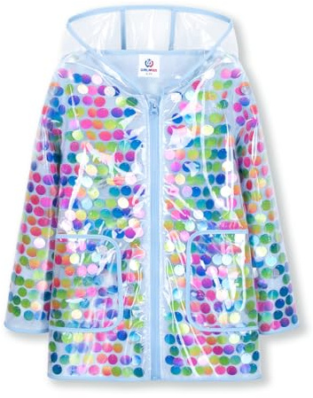 WELAKEN Girls Sequin Raincoat Waterproof Reusable Hooded Outwear Rain Jacket with Lining,blue,6-7Y