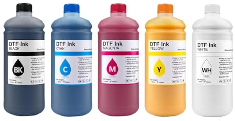 ForgeCore DTF-Tintenset 1000 ml, 5 Farben, Schwarz, Cyan, Magenta, Gelb, Weiß, für PET-Folie, kompatibel mit Desktop- und Großformat-DTF-Druckern