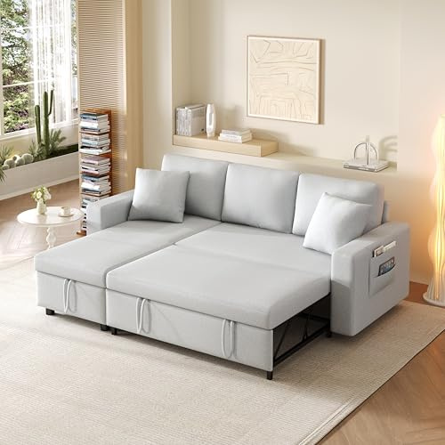 Luscriate L-förmiges Schlafsofa mit Schlaffunktion, Chaiselongue Links/rechts wechselbar, Sofa mit Stauraum & Seitentaschen, Polstersofa fürs Wohnzimmer, ausklappbares Ecksofa (Light Grey, 3-Sitzer)