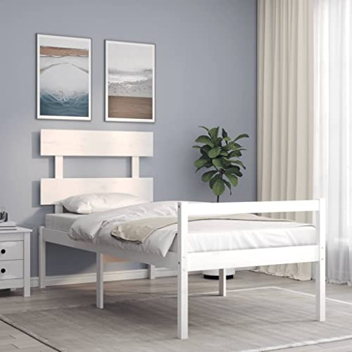 Ordellia Seniorenbett Weiß Massivholz 90x190 cm mit Kopfteil, Kiefernholz Bettrahmen Seniorenfreundlich, Hoher Einstieg