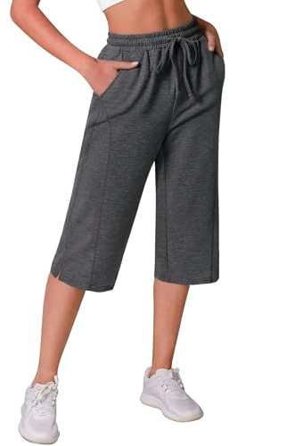 Crewhpo Pantalon 3/4 Femme Taille Haute Poches Coupe Ample Style Sport
