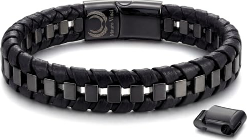 Mauro Vinci Herren-Lederarmband mit Magnetverschluss – Verstellbar von 19,5 cm bis 21 cm Bari Gliederarmband – Lederarmband mit Geschenkverpackung (Schwarz)