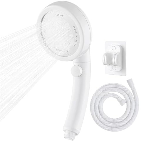 High Pressure Hard Water Shower Head, 4 Modes Handheld Swivel Showerhead | Supplied with 1.5 m Hose wall Stand, White, Water-saving, 360° Rotatable Holder, Filters Chlorine for Extended Home Use