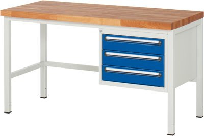 Werkbank, BxTxH 1500x900x840 mm, 3 Schubladen 120 mm, Buche-Massiv-Platte 40 mm, RAL7035/RAL5010