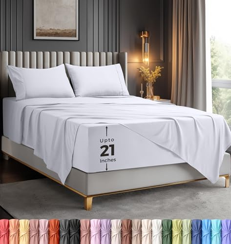 Utopia Bedding King Size Sheet Set – Soft Microfiber 4 Piece Hotel Luxury Bed Sheets with Deep Pockets - Embroidered Pillow Cases - Side Storage Pocket Fitted Sheet - Flat Sheet (White)