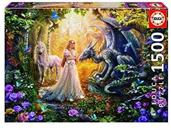 Educa 17696, Magische Lichtung, 1500 Teile Puzzle für Erwachsene und Kinder ab 12 Jahren, Einhorn, Drache, Prinzessin, Fantasy