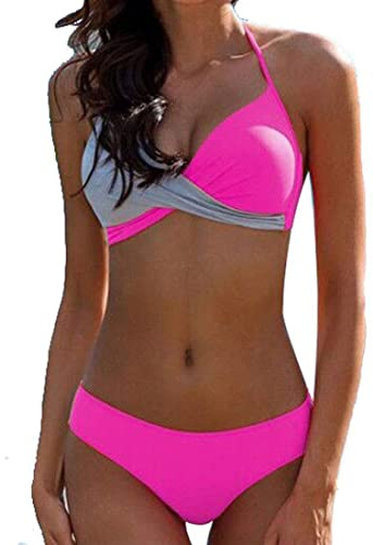 CheChury Damen Bademode Push Up Bikini Set Zweiteilige Badeanzug Strandkleidung Crossover Neckholder Triangel Oberteil Bikinihose Sexy Halter