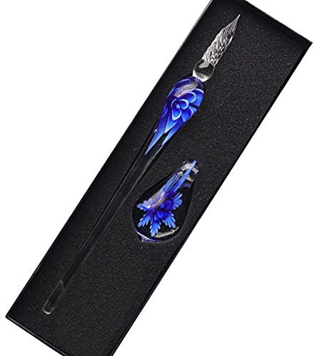 SIPLIV fait à la main en verre de cristal intarsia plume stylo plume kit calligraphie vintage stylo signatures avec un porte-stylo pour cadeau de Noël, bleu foncé