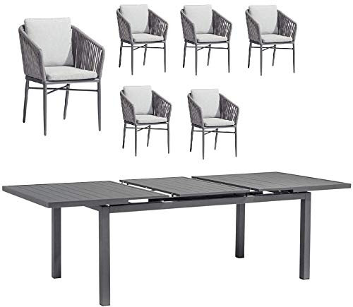 acamp Aluminium Gartenmöbel Set wetterfest Manhattan/Chicago | Gartentisch ausziehbar & 6er Set Gartenstühle | Sitzgruppe Garten für 6 Personen (7-teilig) | Terrassenmöbel Set in Anthrazit-Grau