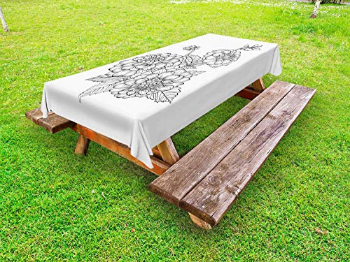 ABAKUHAUS Dalia Tovaglia da Esterno, Bouquet di Fiori in Bianco e Nero, Tovaglia da Picnic Lavabile Decorativa, 145 cm x 265 cm, Grigio e Bianco