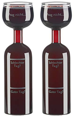 Rosenstein & Söhne Rotweinflasche: 2er-Set 2in1-Weinflaschen & XXL-Gläser, Echtglas, mit Aufdruck, 750 ml (leere Weinflaschen, Dekantierflaschen)