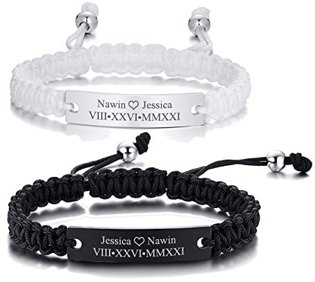 PJ JEWELLERY Personalisierter Name Datum Römische Ziffer ID Paar Armband Handgewebtes Seil Geflochtene Makramee Armband anpassen Schiebeknoten Liebhaber Armband