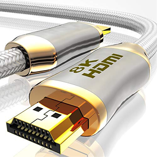 BHW HDMI Kabel 2.1 Glasfaser - 8K 120Hz – 4k 240Hz HDR10+ 3D eARC CEC HDCP 2.3 Optisches Ultra High Speed vergoldete Kontakte Glasfaserkabel mit Zinklegierung Stecker Knickschutz, Schwarz (weiß, 3M)