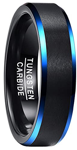 Corato 6mm Herren Ringe Schwarz Wolfram Ring für Damen Eheringe Verlobungring Matte Fertig und Blaue Abgeschrägte Kante Größe 62(19.7)