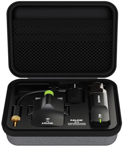 NUX Sistema wireless B-6 per sassofono con custodia di ricarica, portata di funzionamento di 20 metri, audio ad alta risoluzione a 24 bit/44,1 kHz, microfono per sassofono wireless da 2,4 GHz