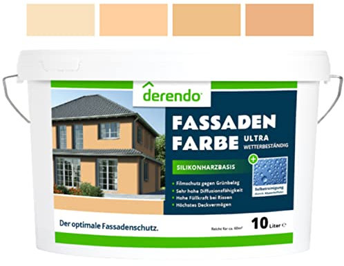 derendo Silikonharz Fassadenfarbe Terracotta ULTRA Wetterschutz Ockergelb aussen Fassade Silikonharzfarbe mit Abperleffekt Lotus Blatt Schmutzabweisende Silikonharzbeschichtung (Ockergelb, 10 Liter)