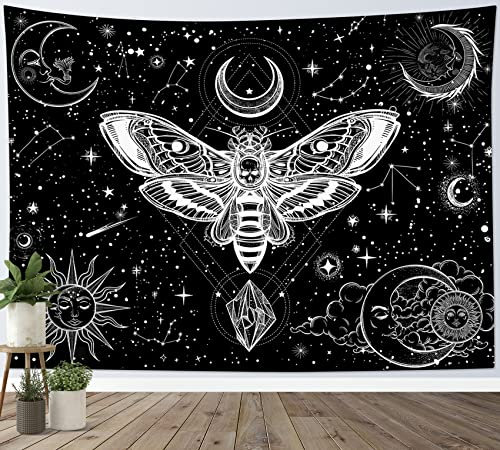LB Trippy Motte Wandteppich Konstellation im Universum Wandtuch Sonne und Mond Wandbehang Schwarz und Weiß Tapisserie für Wohnzimmer Schlafzimmer Wohnheim Wanddeko,150x130cm