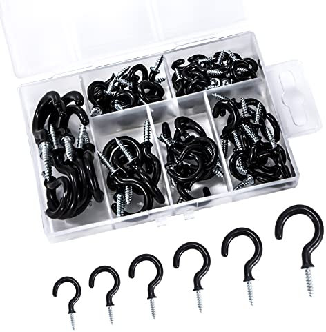 MoonSing Schraubhaken Deckenhaken 70 Stück Edelstahl Vinyl Beschichtet Cup Haken, Hakenschrauben Einschraubhaken Tassen Becherhaken Ösenhaken Wandhaken für Innen Außenbereich, 6 Größe, Schwarz