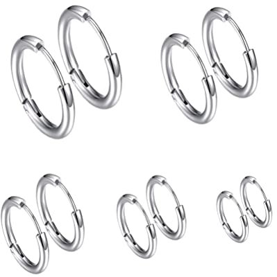 KOMUNJ 5 Pairs Set Stainless Steel Huggie Hinged Hoop Earrings for Men Women, Earrings Men Women Earrings Hoops, Hoop Earrings Set for 8/10/12/14/16mm, Silver