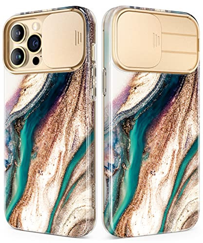 GVIEWIN Designed for iPhone 13 Pro Max Case with Slide Camera Cover, [Military Grade Drop Protection] Marble Slim Fit Shockproof Protective Phone Case for 13 Pro Max 5G 6.7 2021, Drift Sands/Brown