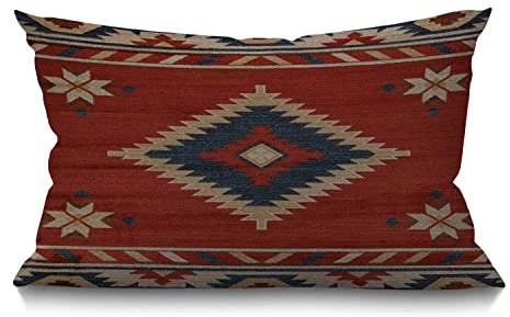 BGBDEIA Vintage Southwest American Cushion Cover Red Aztec Cotton Linen Decorative Rectangular Throw Pillow Cover Pillowcase for Sofa and Bed Couch 12X20 30 x 50 cm