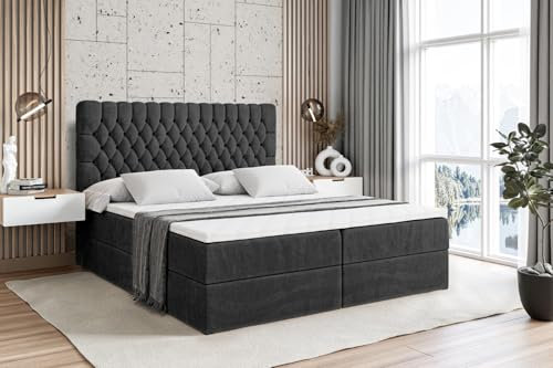 ALTDECOR Boxspringbett mit Matratze und Lattenrost, Boxbett, Topper, Polsterbett mit Bettkasten, Bett mit Stauraum H4-Matratze, Doppelbett, Springboxbett - Serene - 200x200 - Schwarz Samt