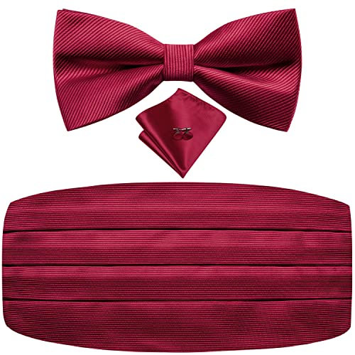Dubulle Vorgebundene Fliege für Herren, Paisleymuster, Kummerbund und Fliege, Seide, Taschentuch, Manschettenknopf-Set, Weinrot, Medium