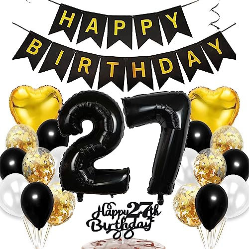Feelairy Geburtstagsdeko 27 Jahre Frauen, Luftballon 27. Geburtstag Deko Männer, Schwarz Gold Tortendeko Happy 27th Birthday Deko 27 Jahre Frau, Ballon 27. Geburtstag Mann Party Dekoration Set