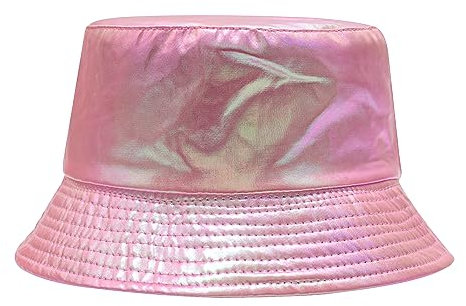 ZLYC Unisex Fashion Bucket Hat PU-Leder Regenhut wasserdicht Fischerhüte(Metallisches Neon-Rosa)