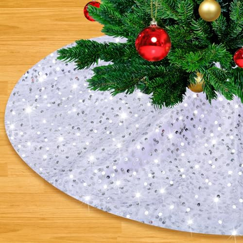 LJIE-House Baumrock 48 Zoll Baumrock Silber Weiß Weihnachtsbaum Rock Groß Pailletten Baumrock Samt Weihnachtsbaum Matte für 1,8M Weihnachtsbaum
