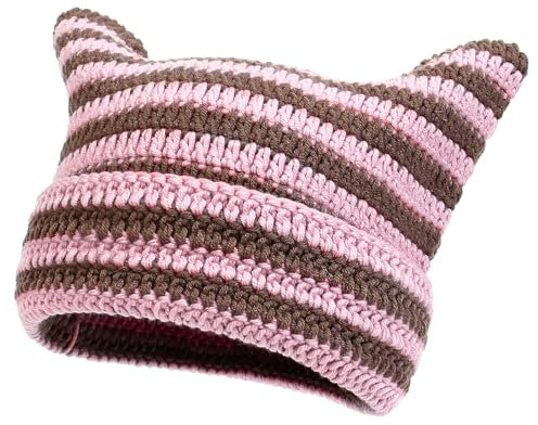 YAMEIZE Chapeau Tricoté à Oreilles de Bonnet Chat - Rayé pour Femmes Hommes Y2K Chaud Bonnet à Oreilles de Chat Striped Chapeau de Chat Beanie Bonnet d'hiver Filles Outdoor