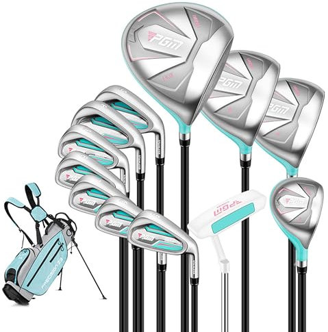 PGM Damen Golfschlägersatz mit 12 Schlägern - 4 Holzschläger (#1,3,5,4H), 7 Eisen (#5,6,7,8,9,PW,SW) und 1 Putter - Golftasche mit Ständer