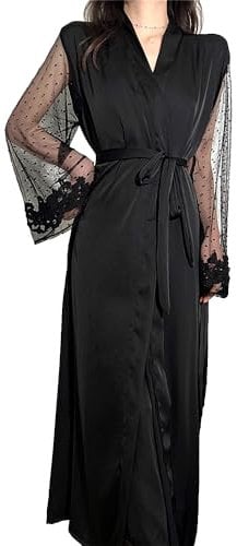 ROSVAJFY Women’ Sexy Satin Kimono Robe Long Dressing Gown Patchwork Polka-dot Mesh Sleeves Bathrobe Bride Bridesmaids Nightdress Ladies Soft Loungewear Sleepwear (Black)