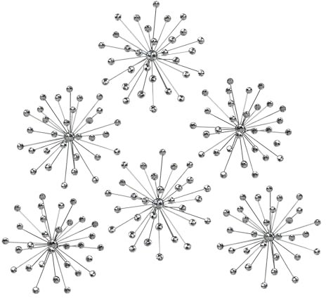 Zeckos Set mit 6 silbernen Starburst-Schmucksteinen, dekorative Wandkunst, hängende Strass-Kristalle, Heimdekoration, Akzente MCM