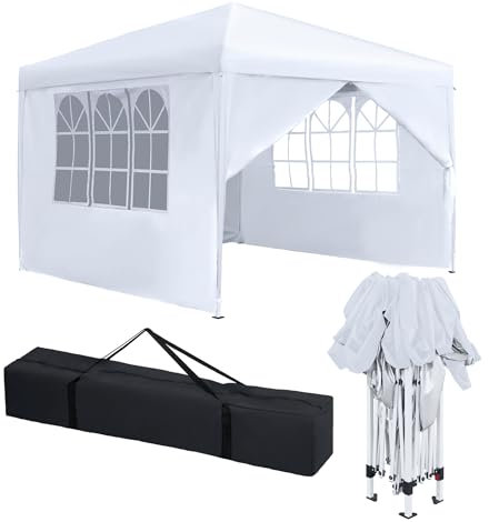 XINZI Pavillon 3x3 m Faltpavillon mit Wasserdicht Dach und 4 Seitenteilen Stabil Winterfest Gartenpavillon Höhenverstellbar Faltbar Partyzelt UV-Schutz 50+ Gartenzelt Camping Pavillion, Weiß