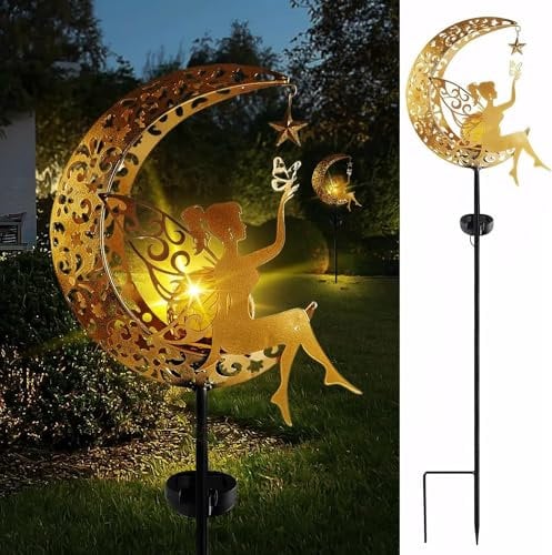 Solar Lights Outdoor for Garden Ornaments - Fairy Light Metal Moon Star Glass Ball Decorative Waterproof Lights for Balcony, Pathway, Lawn, Patio - Garden Gifts