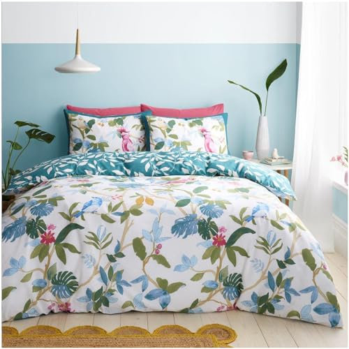 GC GAVENO CAVAILIA Easycare Botanical Duvet Cover Set, Cozy Forest Leaves Quilt Bed Cover Set With Matching Pillowcases, Super Soft Jungle Birds Double Bedding Set, Green