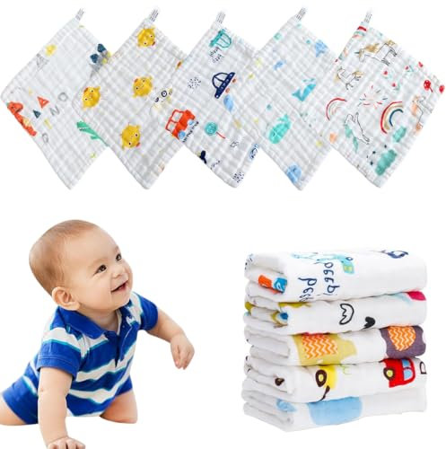 AEIOPRS 5 pcs Serviette pour bébé en Mousseline Gant de Toilette Lavable Super Doux réutilisable pour Peau Sensible du Nouveau né