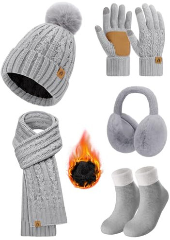 PASUDA 5pcs Ensemble Bonnet Écharpe Hiver Femme de Doublure Polaire Tricotés Gants Chaud Écharpe Thermiques Cache-Oreilles Chaussettes Ensemble de Ski Sports Extérieur (Gris Clair)