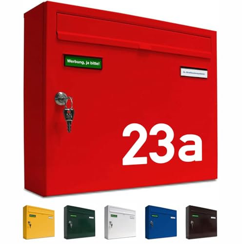 AL Briefkastensysteme Briefkasten mit Hausnummer rot RAL 3000 - Basic 1er Briefkasten mit Namen und Hausnummer wetterfest Din A4 - Postkasten mit Hausnummernschild personalisiert