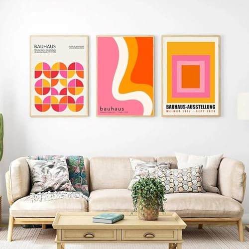 RDRDtbtr Abstrait Bauhaus Art Mural Rose Orange Couleur Bloc Ligne Affiche Moderne Nordique Toile tableau Peinture Image Chambre Decoration À La Maison Murale 50x70cmx3 Sans Cadre