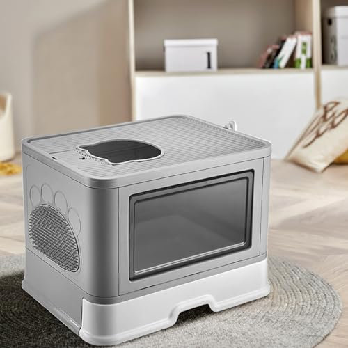 Katzenklo mit Deckel+ Katzenklo Schaufel - Katzen Zubehör - Katzentoilette mit Deckel, Katzenklo XXL, modernes Katzenklo geschlossen, bis 15 kg-48,5 * 36,5 * 38cm PP-grau