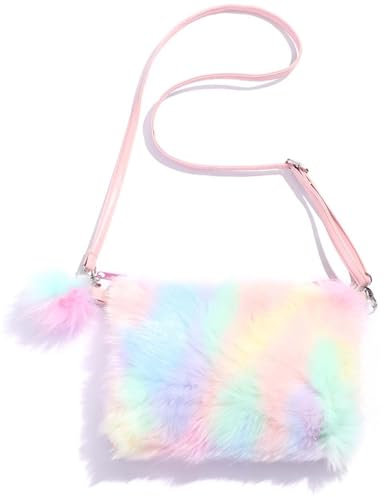 Cleminsta Mädchen Regenbogen Plüsch Taschen Plüsch Handtaschen Verstellbarer Umhängetaschen Plüschtasche Regenbogen Haarspangen Geldbörse für kleine Mädchen Frauen Rollenspiel (Stil 1)