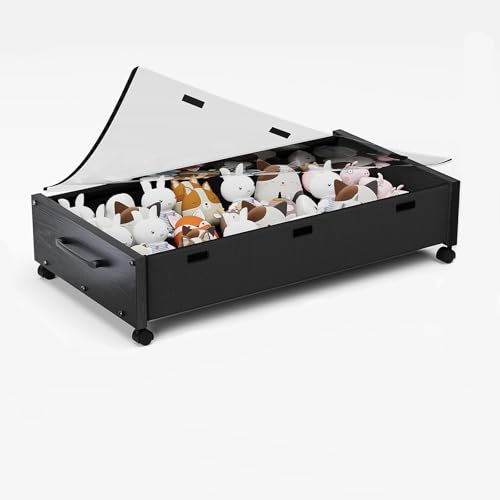 KITHELP Under Bed Storage Box, Modern Wooden, Black Wood-1pack, 30.3 L x 16 W x 7.5 H, 2 Compartments, 70lbs Capacity, 360° Rotating Wheels, Underbed Storage