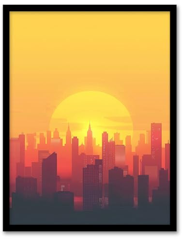 Artery8 New York City Sunset Cityscape Skyline Design Living Room Artwork Framed Wall Art Print A4