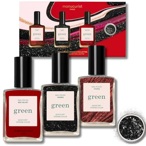 MANUCURIST Nagellack Set Weihnachten - 3 Glitzer Nagellacke mit biologisch Abbaubaren Glitzerpartikeln - Schwarz, Braun, Rot