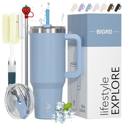 BIGRD 40 oz Straw Travel Mug Coffee Cup, Thermal Mug, Double-Walled Stainless Steel Vacuum Leak-Proof Drinking Cup with Handle and Straw, Portable Car Coffee Mug for Cold and Hot, Smog Blue